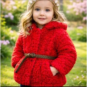 Richie House Kids Red Faux Shearling Sherpa Belted Coat Jacket 24M NEW